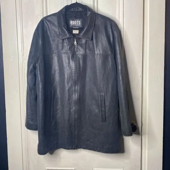 Roots “Richard” Leather Car Coat Vintage Black Treated size L Zip Front Y
